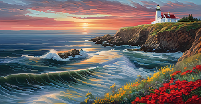 A red and white striped lighthouse on a cliff during sunset, with waves crashing below and wildflowers in the foreground.
