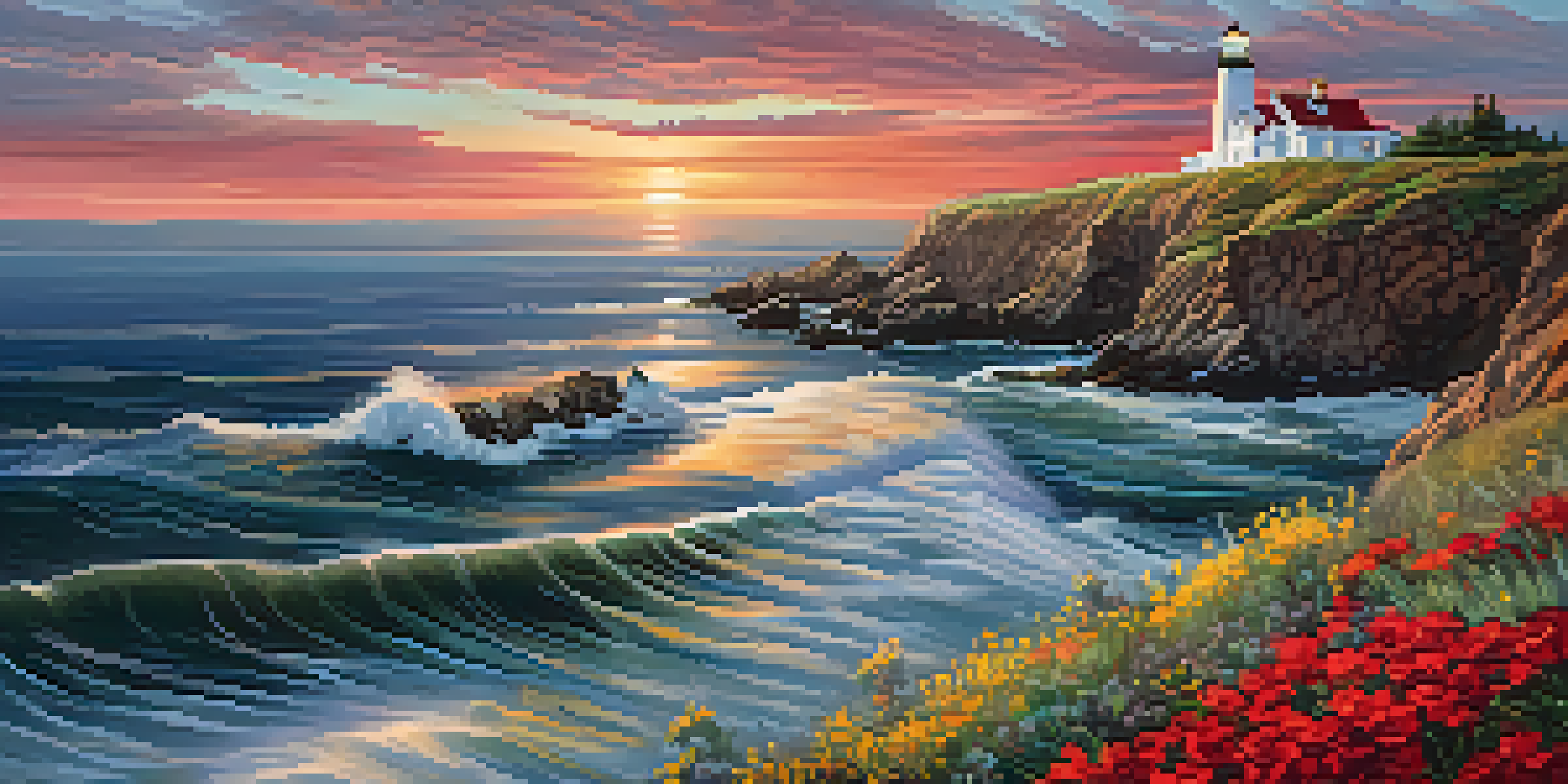 A red and white striped lighthouse on a cliff during sunset, with waves crashing below and wildflowers in the foreground.