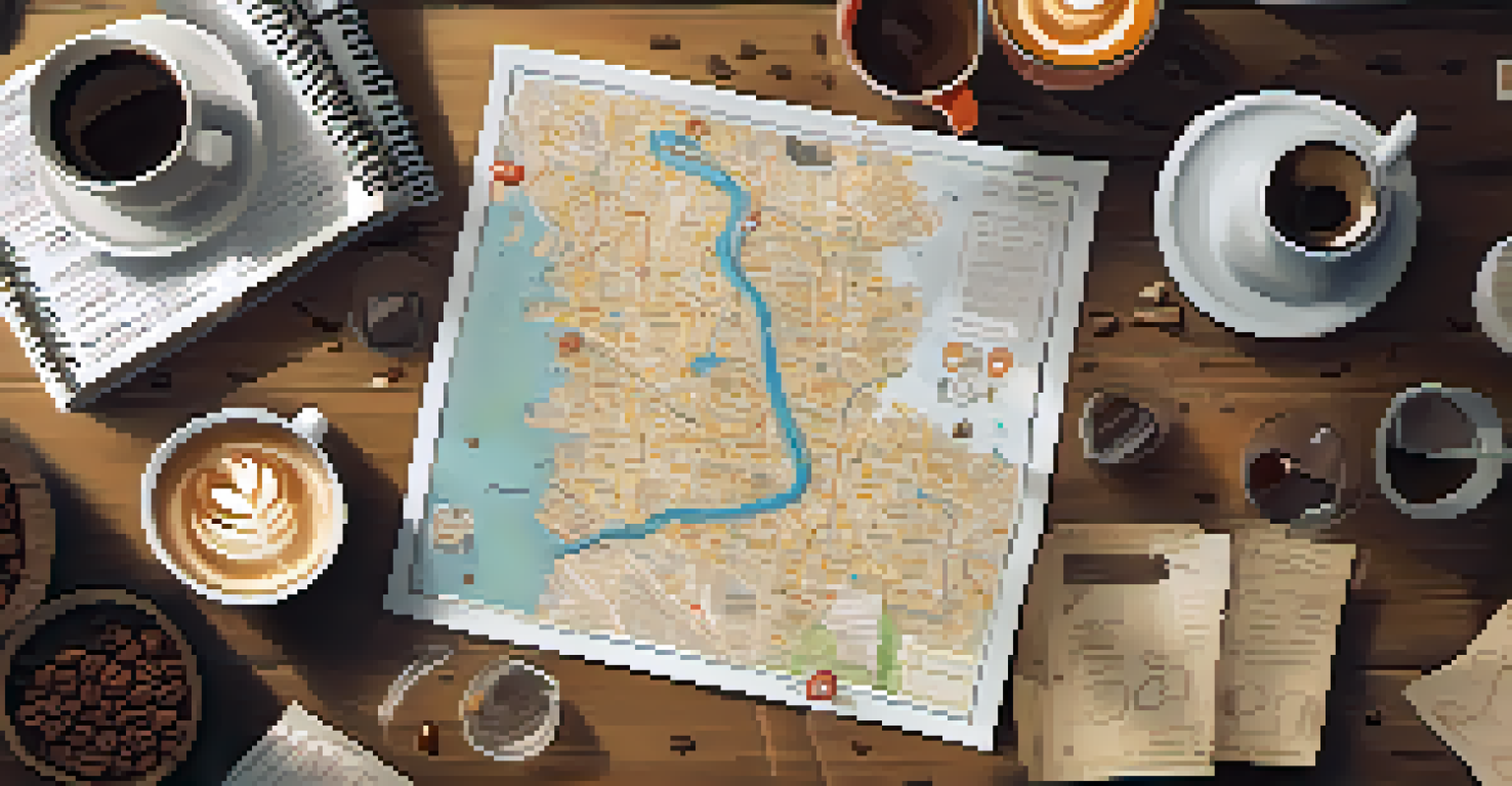 An overhead view of a scavenger hunt map on a café table, with coffee cups and notes, in a warm and inviting atmosphere.