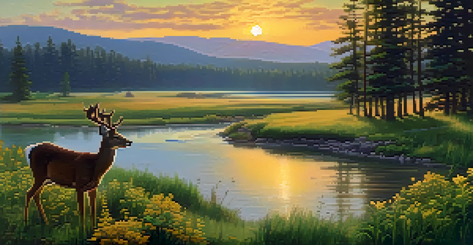A peaceful forest landscape with a river, deer grazing, and a sunset in the background.