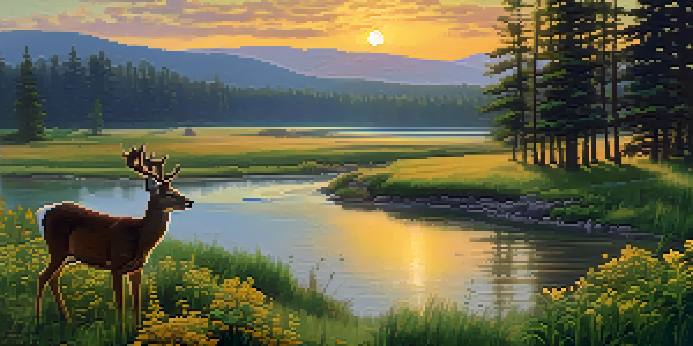 A peaceful forest landscape with a river, deer grazing, and a sunset in the background.