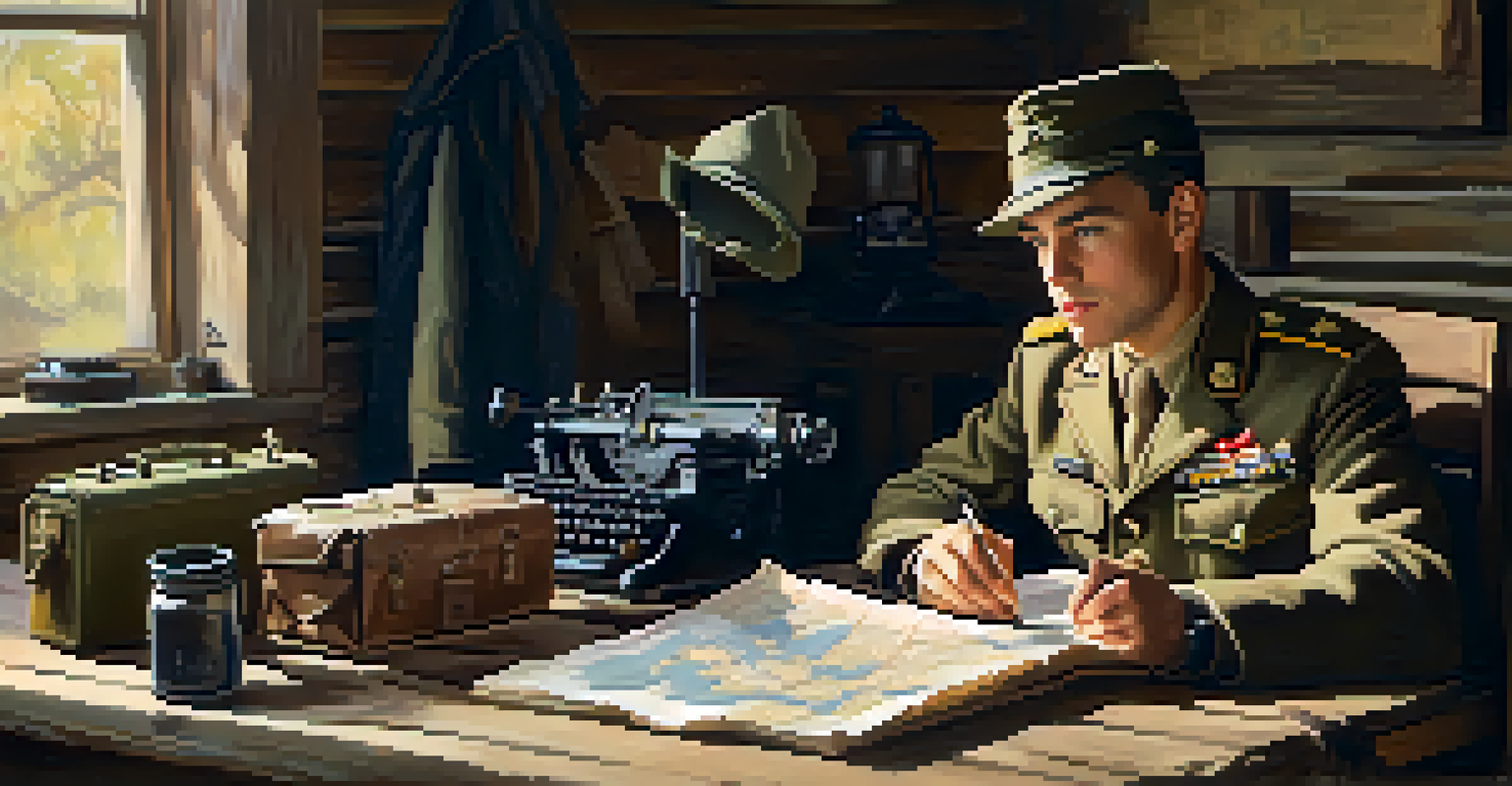 A WWII reenactor at a wooden table in a camp, surrounded by maps and a typewriter, illuminated by an oil lamp.