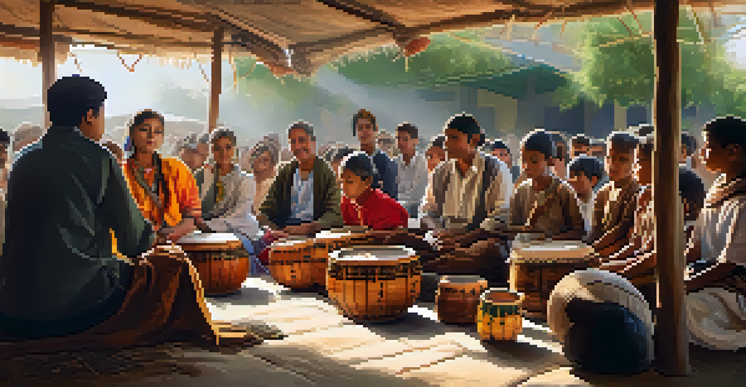 A cozy workshop scene with a musician teaching a traditional instrument to enthusiastic participants.