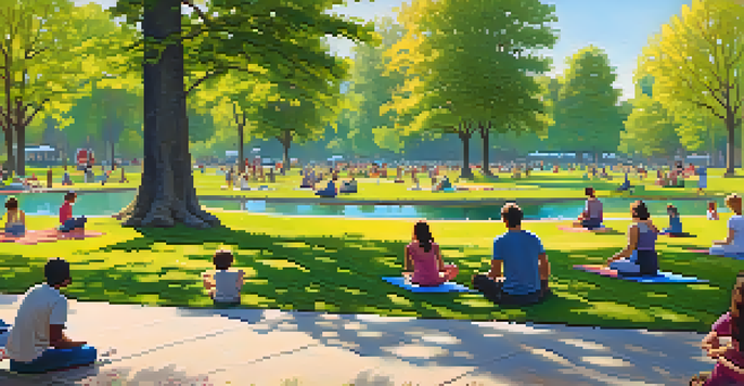 A lively urban park with people enjoying various activities like picnicking and yoga, surrounded by greenery and a city skyline in the background.