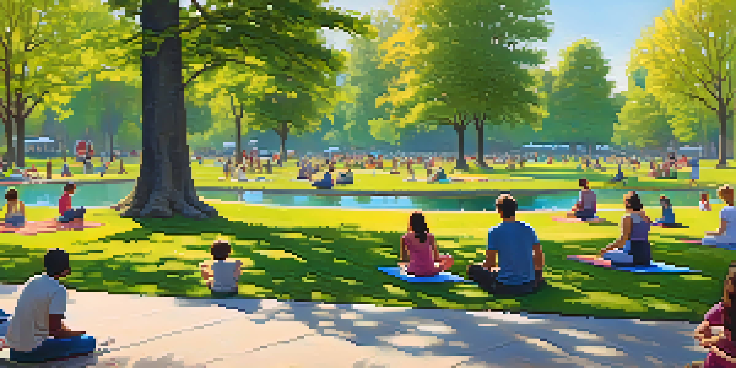 A lively urban park with people enjoying various activities like picnicking and yoga, surrounded by greenery and a city skyline in the background.