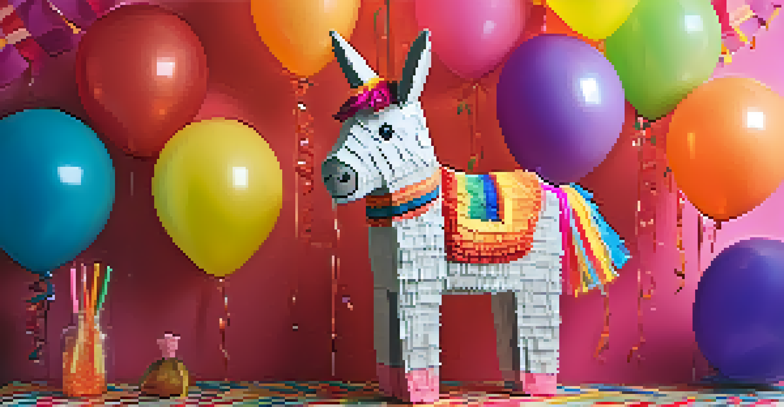 A close-up of a vibrant donkey-shaped piñata decorated with colorful tissue paper and ribbons, set against a festive party background.