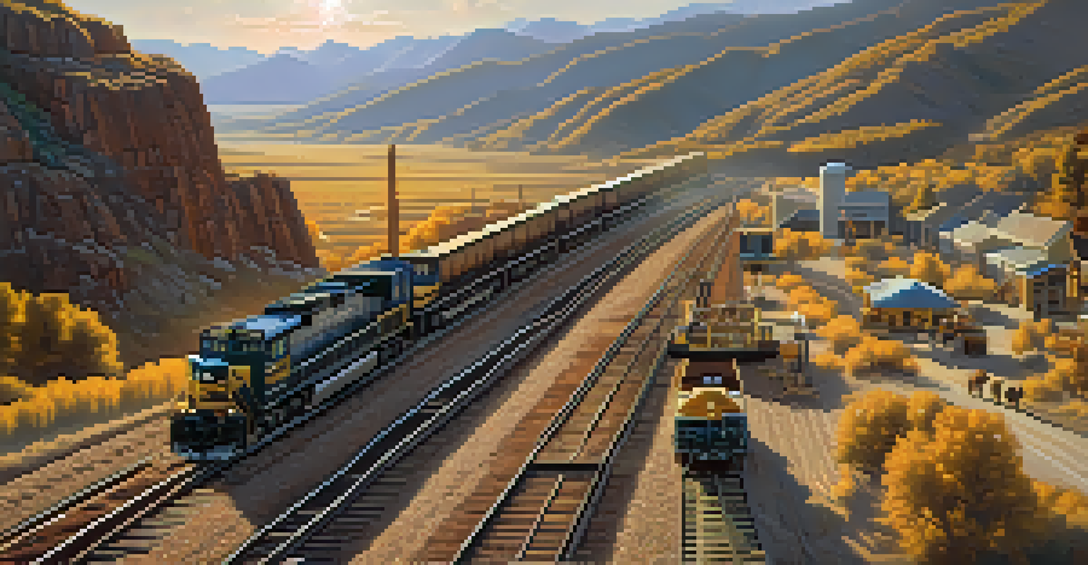 Workers constructing a railroad across rugged terrain, with mountains in the background and a golden sunset illuminating the scene.