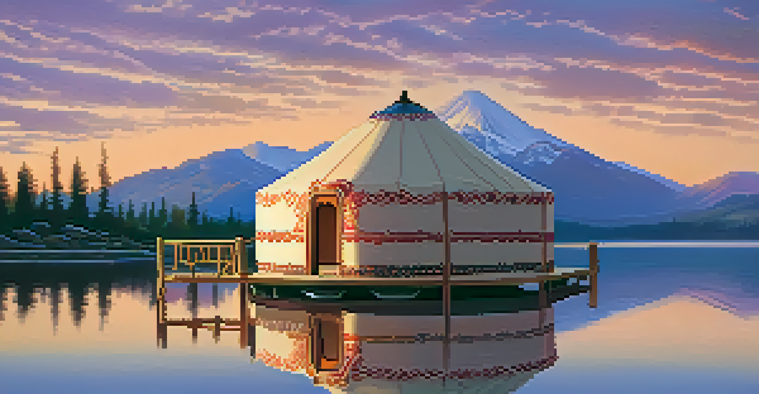 A beautiful yurt in front of mountains and a lake, featuring traditional patterns and smoke rising from a hearth during a colorful sunset.
