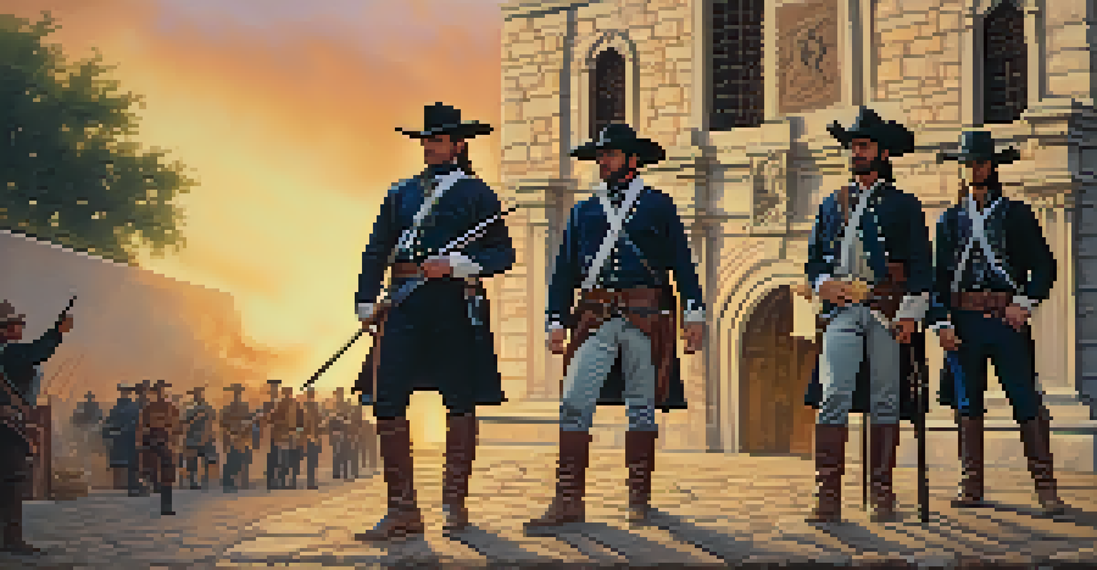 Historical defenders of the Alamo in period clothing, standing in front of the Alamo during a dramatic sunset.