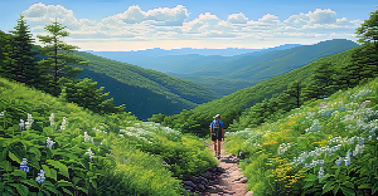 A hiker on the Appalachian Trail surrounded by green mountains and wildflowers under a blue sky.