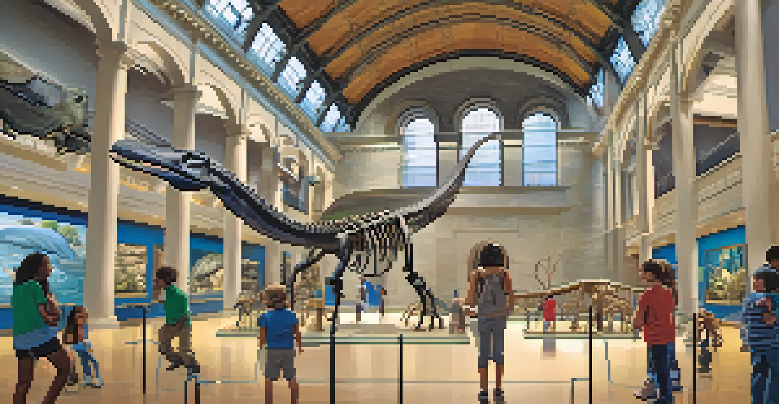Children and families exploring exhibits in the American Museum of Natural History, featuring dinosaur skeletons and a blue whale model.