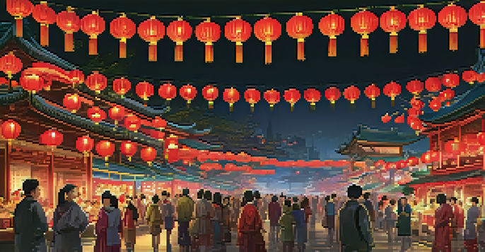 A lively scene of a Lantern Festival with colorful lanterns lighting up the night sky and families enjoying the festivities.
