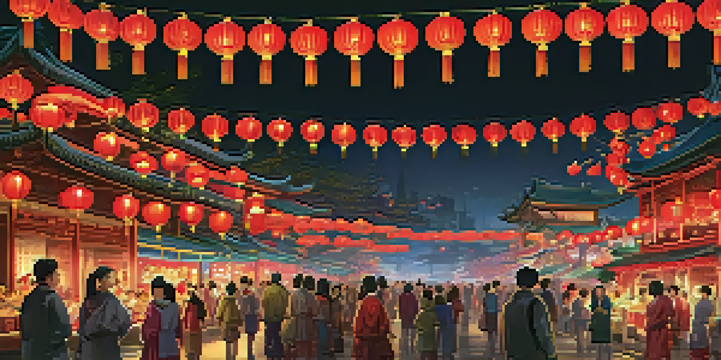 A lively scene of a Lantern Festival with colorful lanterns lighting up the night sky and families enjoying the festivities.