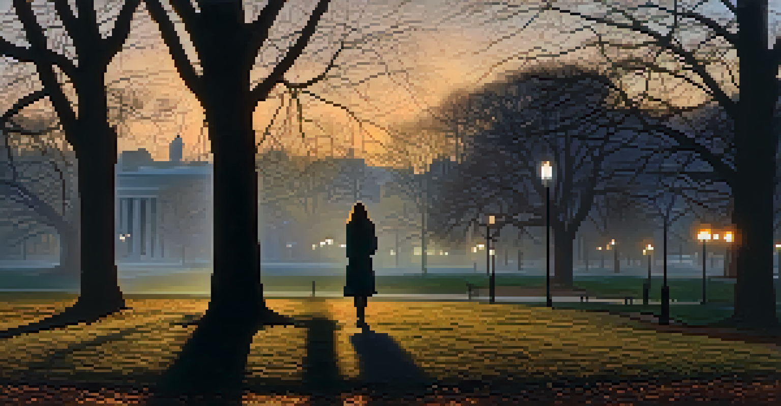 A ghostly silhouette of a young woman wanders through the historic Boston Common at twilight, surrounded by mist and shadows of trees.