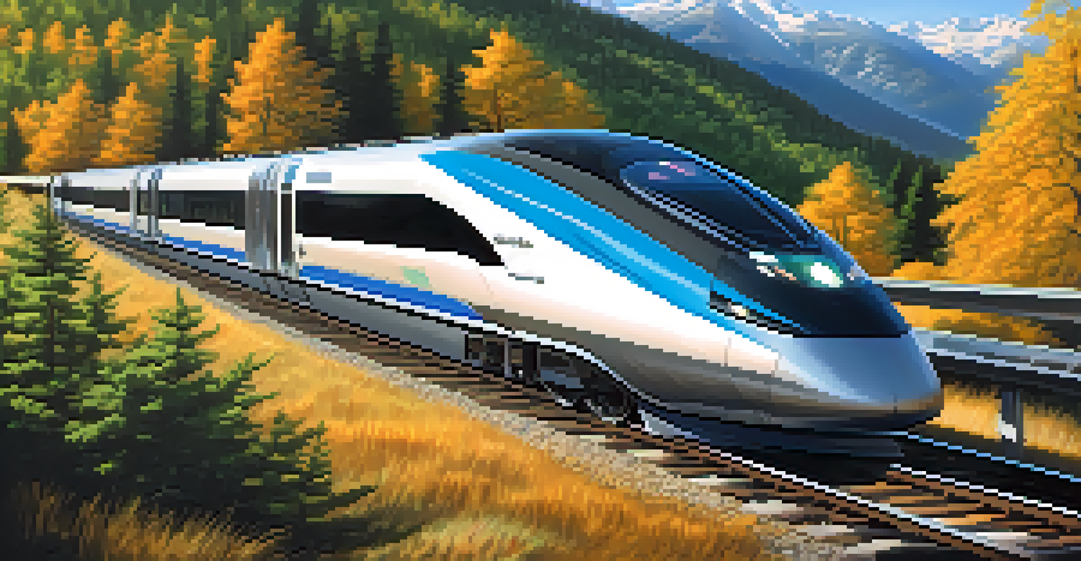 A futuristic high-speed train traveling through a mountainous landscape under a bright blue sky.