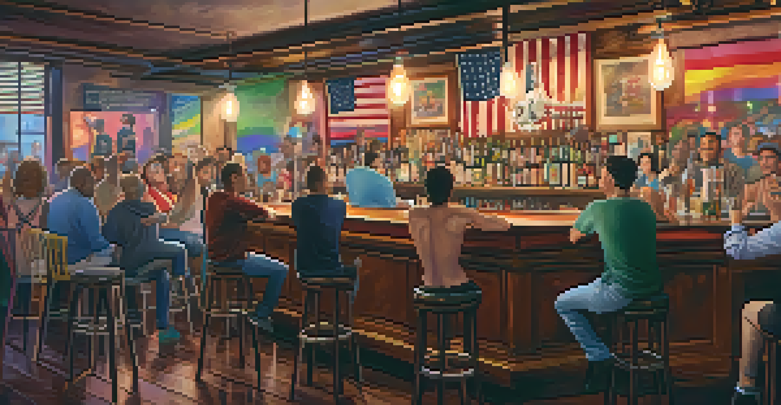 The lively interior of the Stonewall Inn, decorated with pride flags and featuring a diverse group of people in conversation.