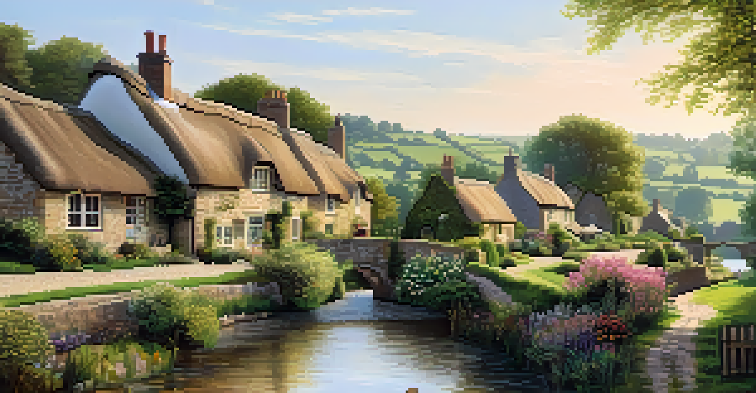 A charming English village with thatched-roof houses and a blooming garden by a river.