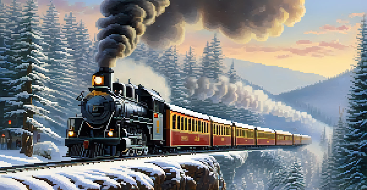 A train traveling through a snowy landscape in the Smoky Mountains during winter, with festive decorations.