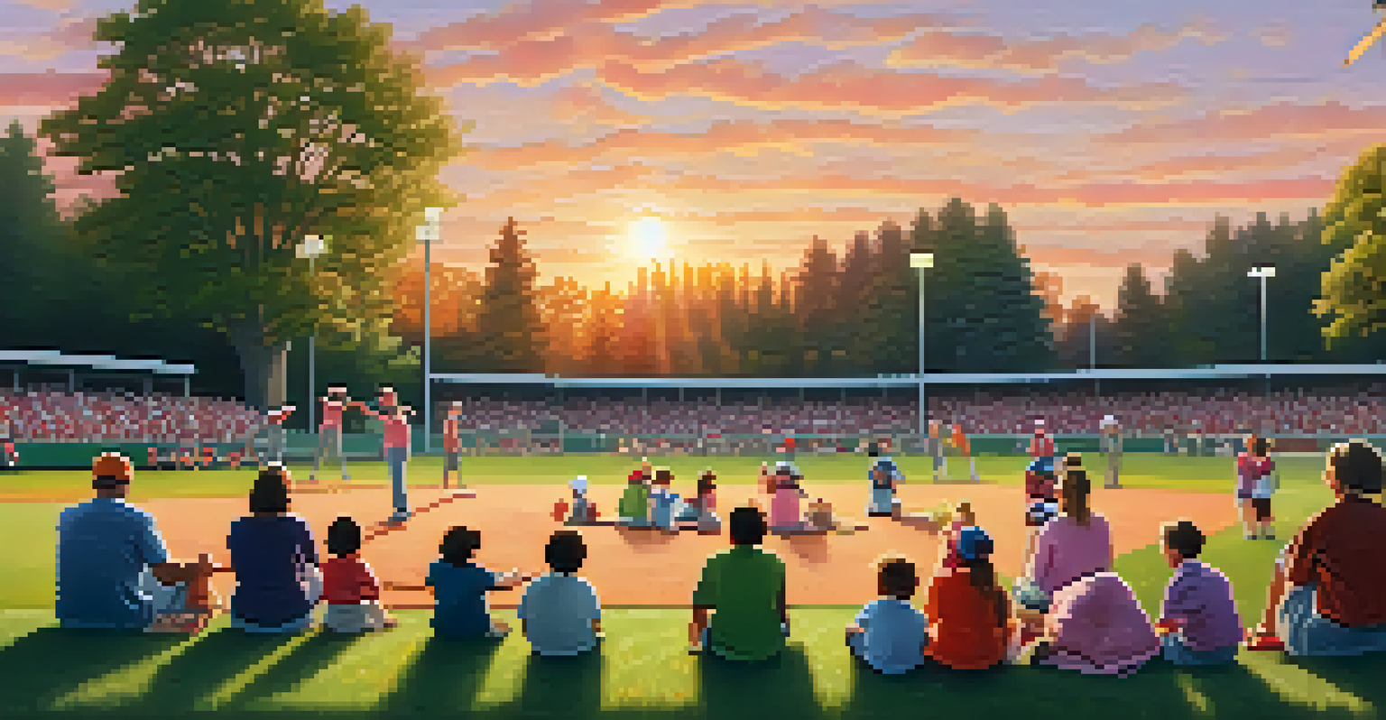 A family cheering at a little league baseball game with children playing in the background and a sunset.