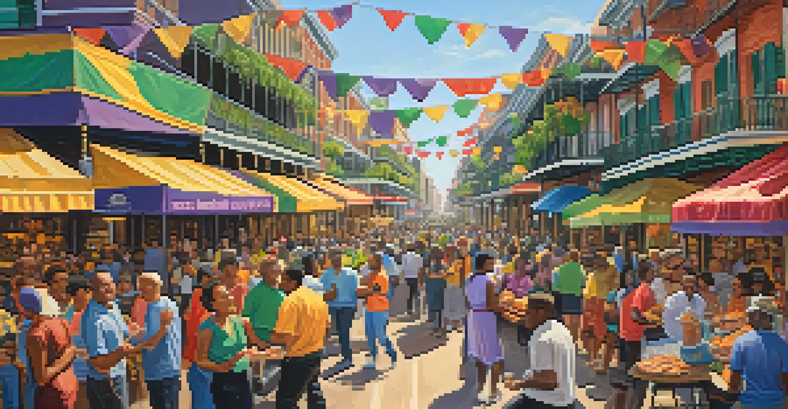 A street scene during Mardi Gras with food vendors and people enjoying traditional New Orleans cuisine.