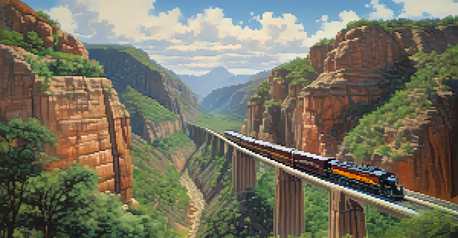 The Copper Canyon Railway train traveling through a deep canyon with lush vegetation and a nearby village.