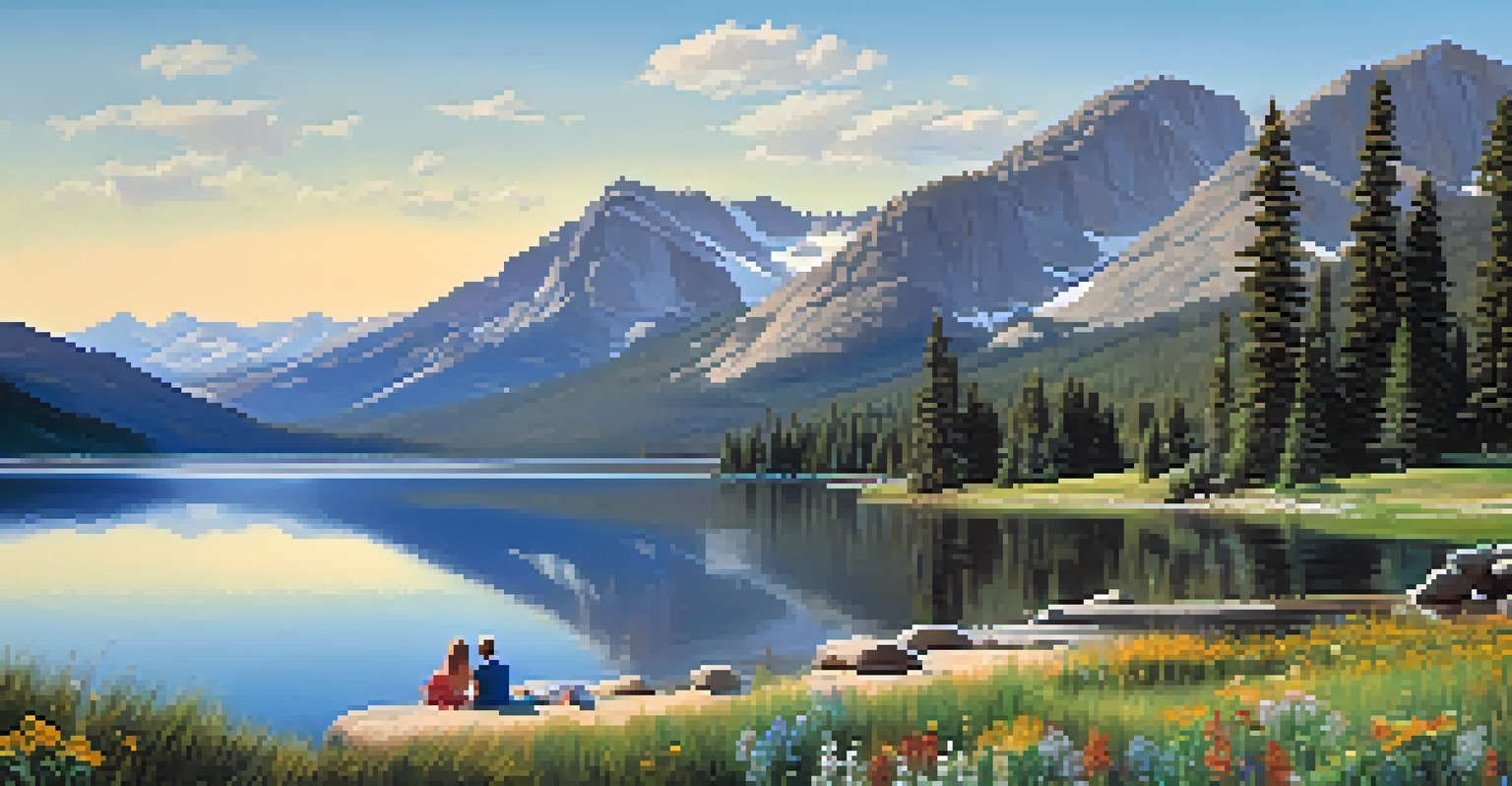A family enjoying a picnic by Bear Lake with mountains and wildflowers in the background.