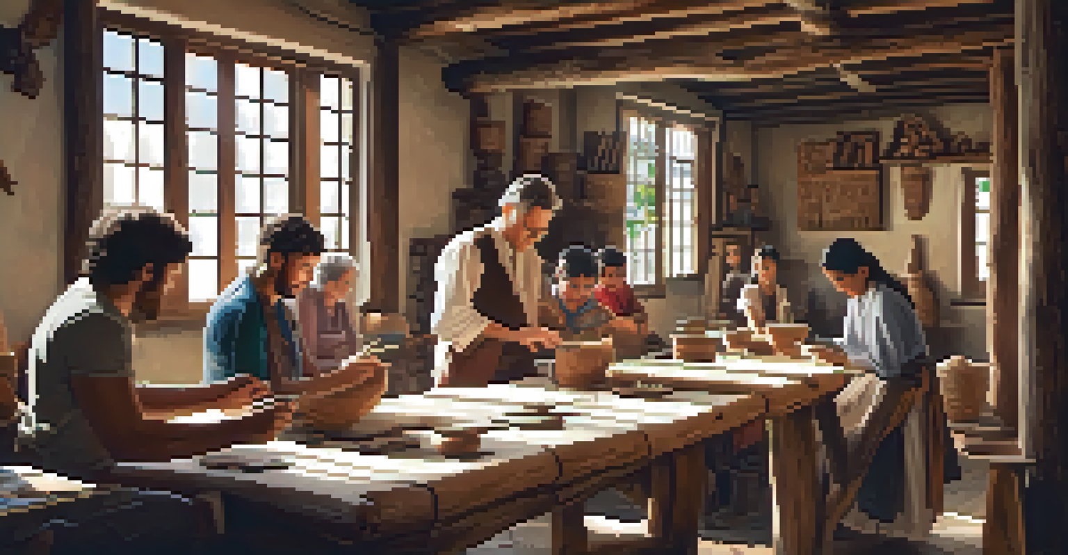 A rustic workshop where tourists learn traditional crafting techniques from a local artist, surrounded by natural light and handmade crafts.