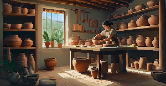 An artisan working on a potter's wheel in a sunlit workshop surrounded by handmade pottery and plants.