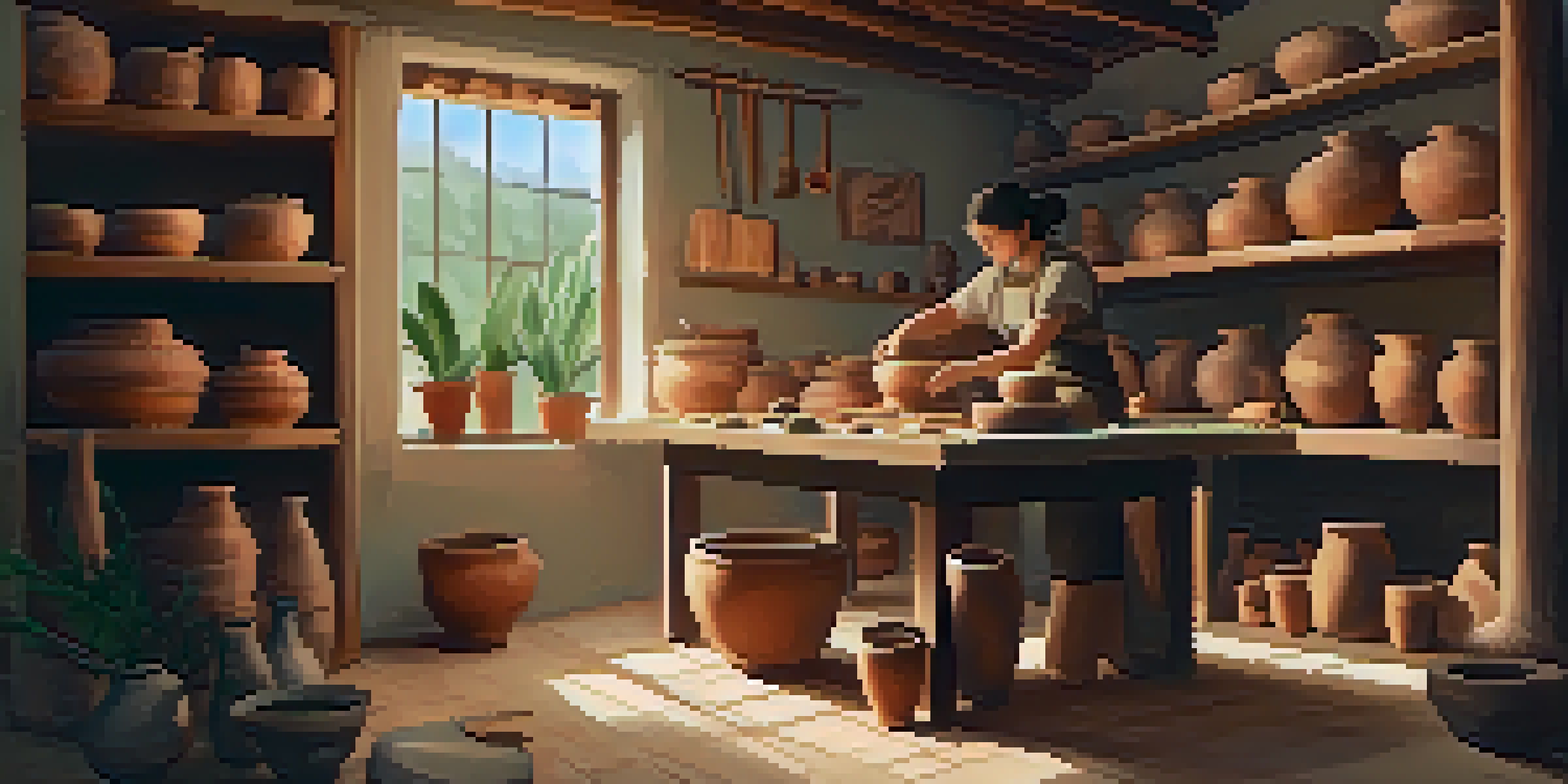 An artisan working on a potter's wheel in a sunlit workshop surrounded by handmade pottery and plants.