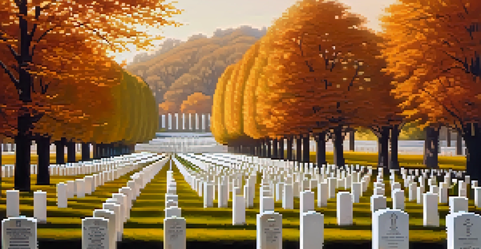 A close-up of gravestones at Soldiers' National Cemetery surrounded by autumn colors during sunset.