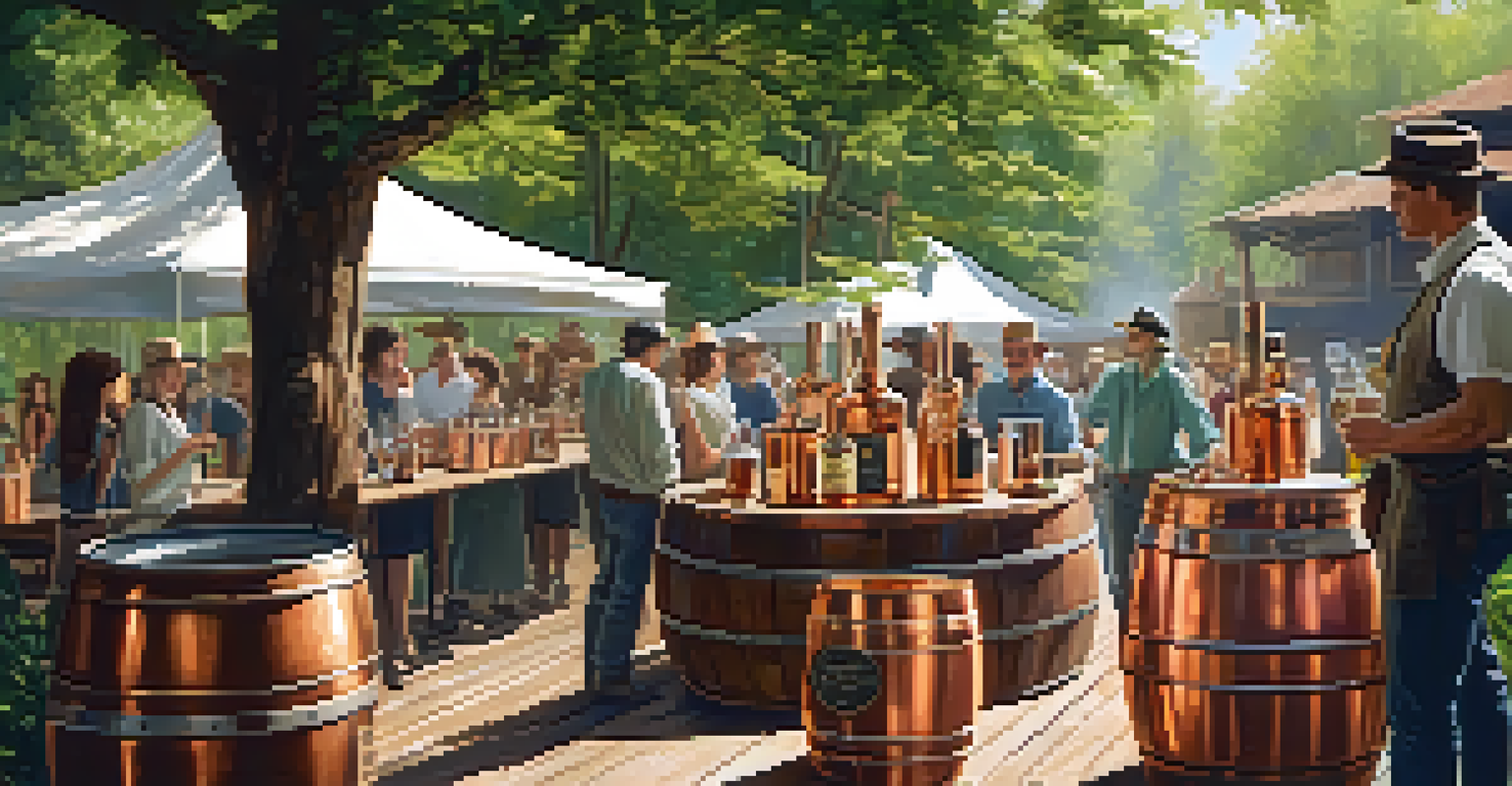 An outdoor view of a distillery with copper stills and greenery, visitors tasting spirits at a wooden table.