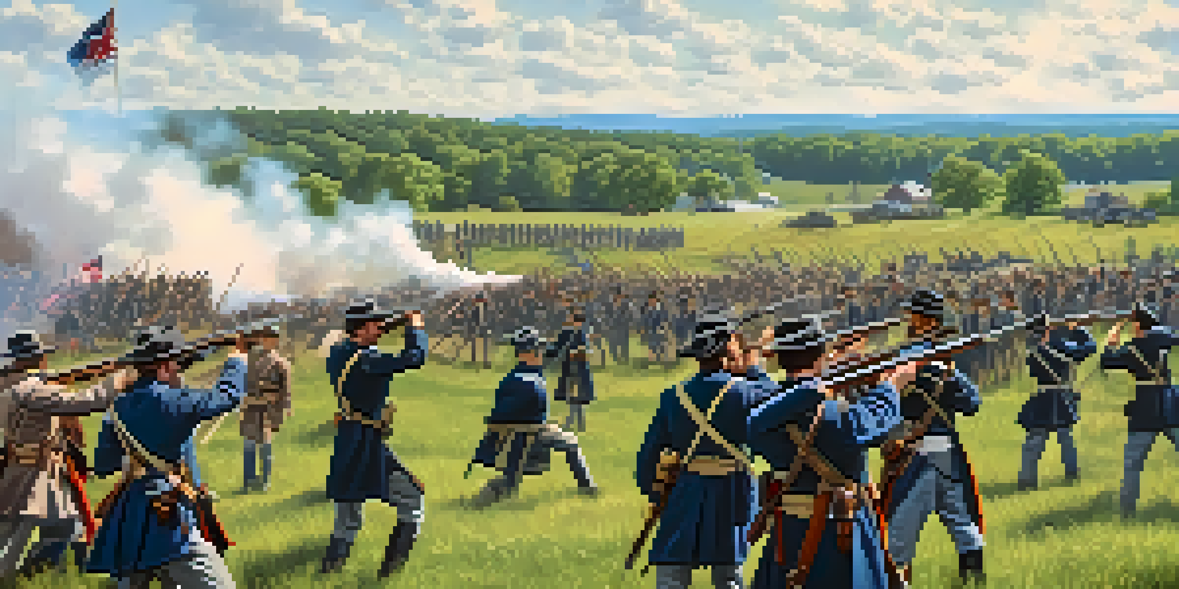 A Civil War reenactment scene with soldiers in uniforms, cannons firing, and spectators watching from a distance on a green field.