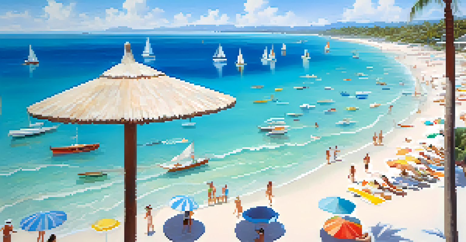 Aerial view of a beautiful beach with turquoise waters and people enjoying the sun.