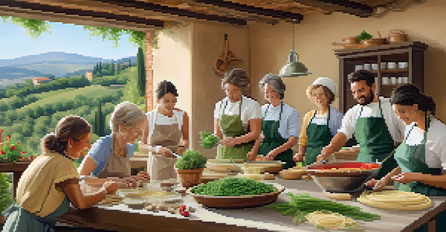A Tuscan villa with participants in a cooking class making homemade pasta, surrounded by lush greenery and rustic charm.