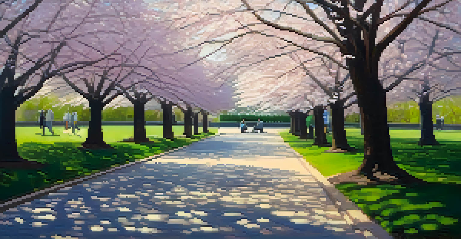 A beautiful spring scene at the Brooklyn Botanic Garden with blooming cherry trees and lush greenery.