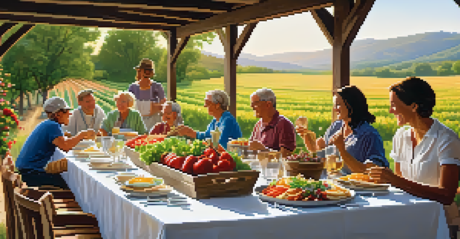 An outdoor dining setup with fresh produce and guests enjoying a farm-to-table meal.