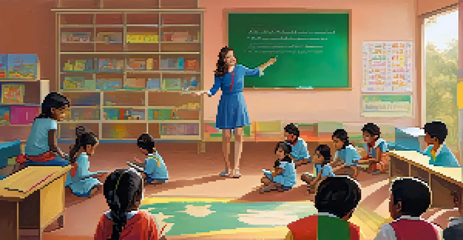 A young woman volunteers teaching English to smiling local children in a colorful classroom filled with educational posters and learning materials.
