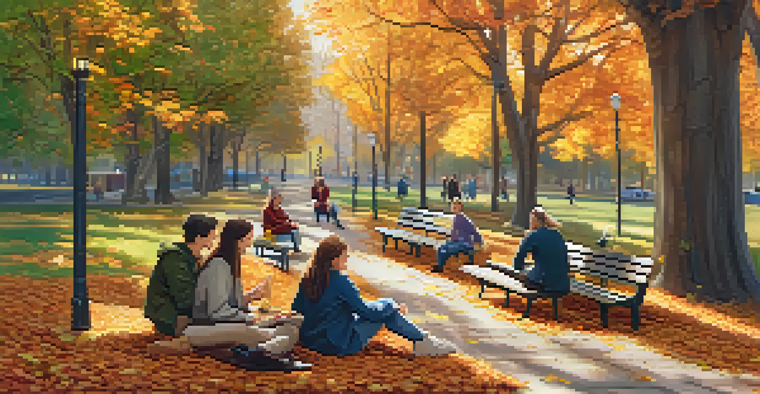 A picturesque park in autumn, featuring falling leaves, a winding path, and friends having a picnic.