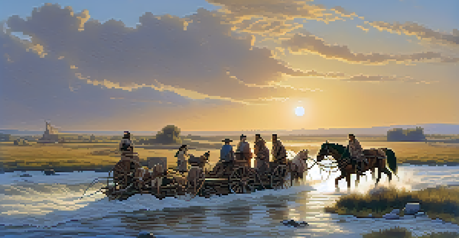Pioneers crossing a river on the Oregon Trail with Native Americans observing.