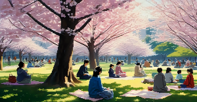 A picturesque view of cherry blossom trees in a Tokyo park filled with people having picnics under the pink blossoms, with sunlight shining through the petals.