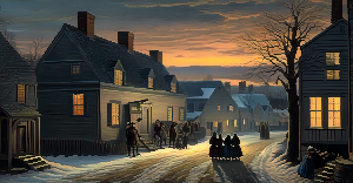 A twilight scene of Salem Village in 1692, with villagers gathered in the foreground, showing tense expressions and Puritan-style houses in the background.