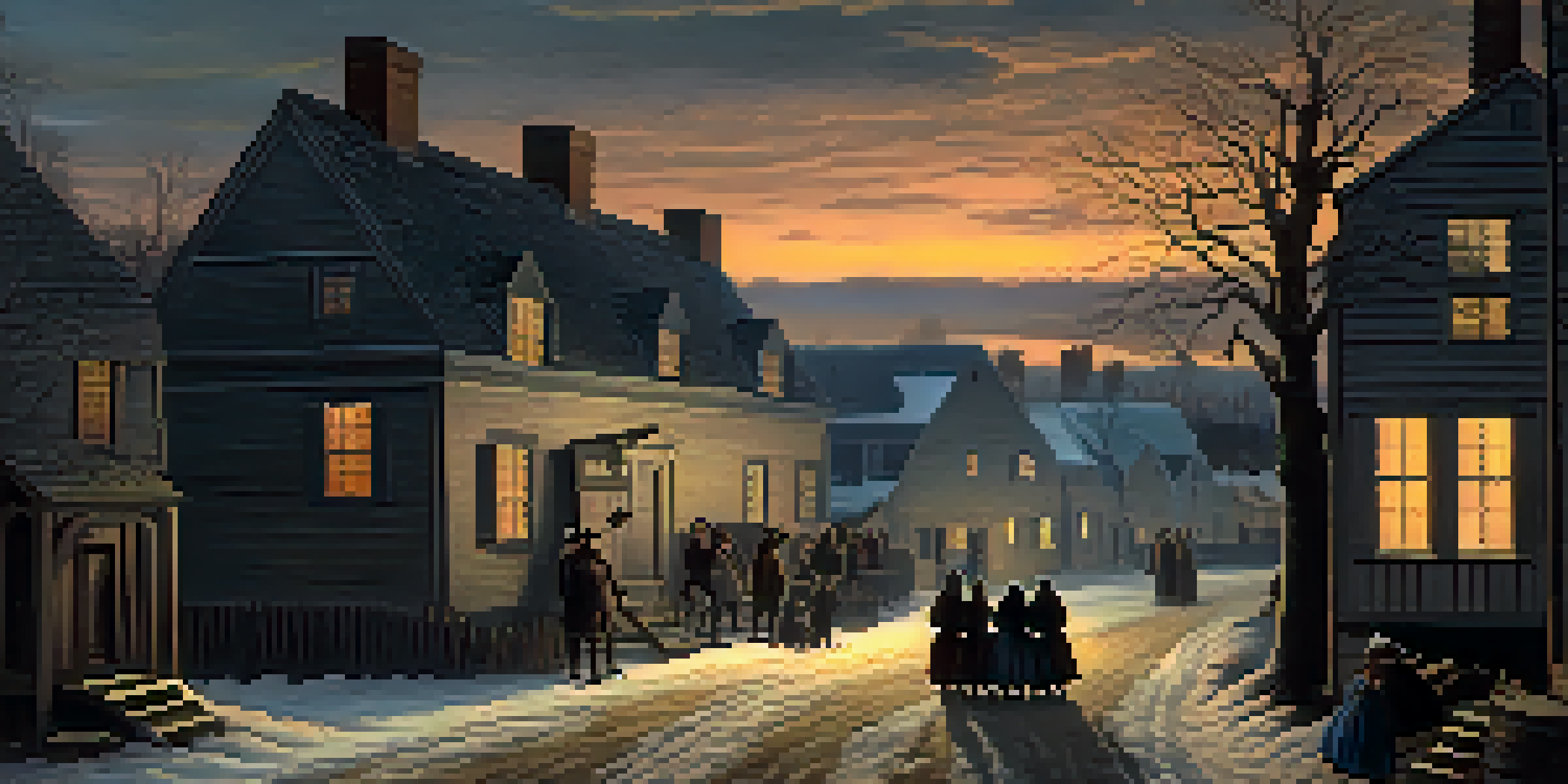 A twilight scene of Salem Village in 1692, with villagers gathered in the foreground, showing tense expressions and Puritan-style houses in the background.