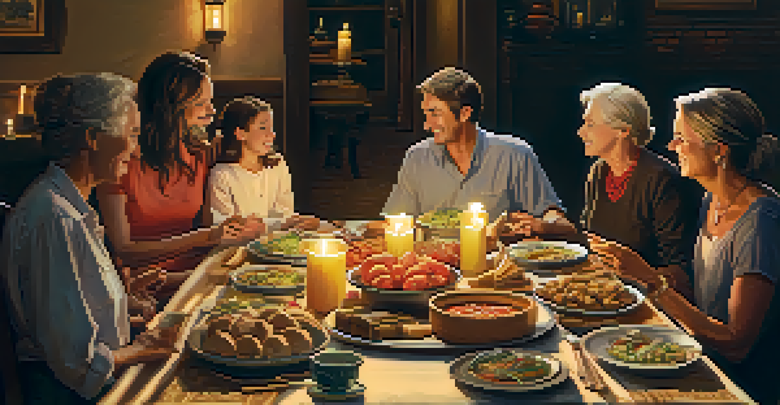 A family gathering around a dinner table filled with traditional dishes, with people sharing stories and enjoying the meal in a warm, inviting atmosphere.