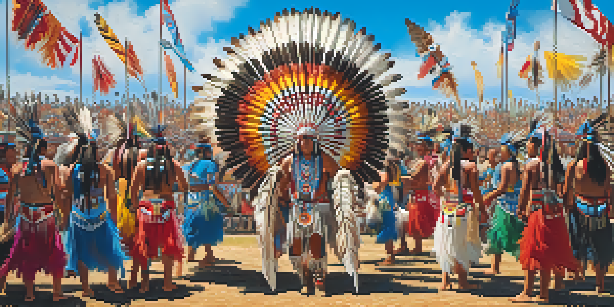 A lively powwow with dancers in traditional attire, vibrant colors, and a drum circle, set against a blue sky.