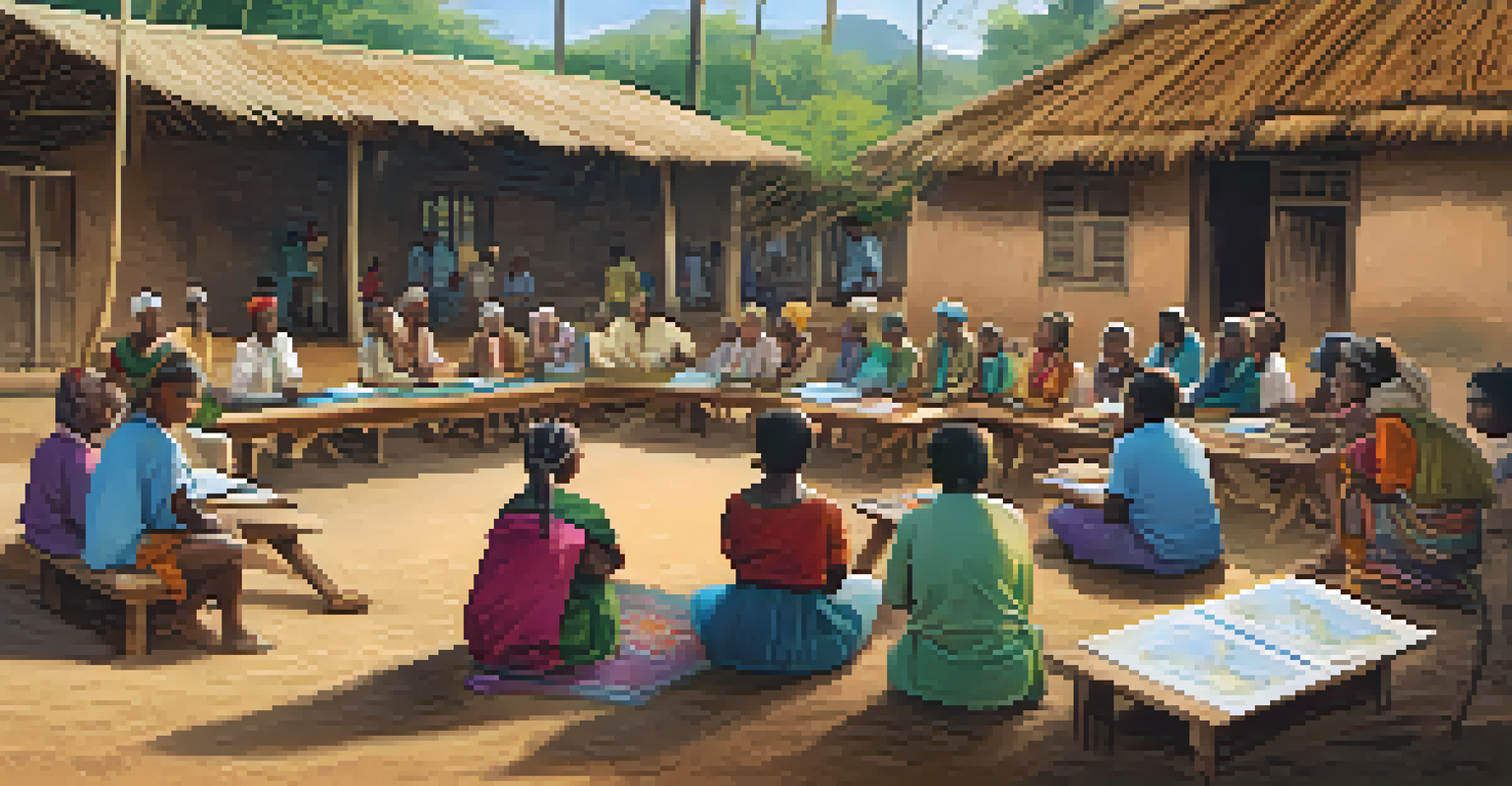 Community members gathered around a table discussing a clean water project in a traditional village setting, showcasing collaboration.