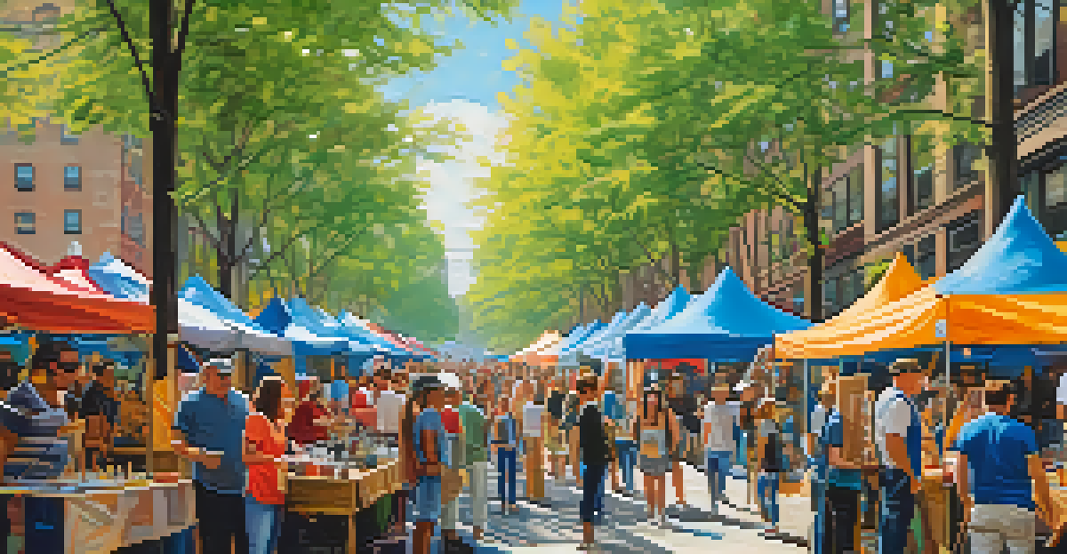 An outdoor art festival in New York City, featuring artists and visitors enjoying various art displays under colorful decorations.