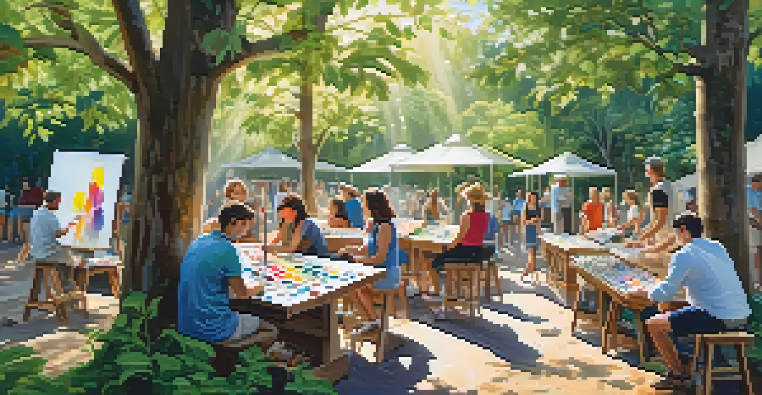 Tourists and local artists working together on a large canvas in an outdoor art workshop amidst greenery.