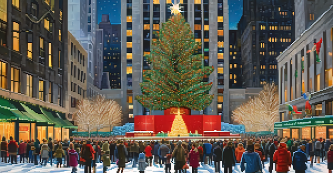A winter scene in New York City showing the Rockefeller Center Christmas tree with colorful lights and people enjoying the holiday atmosphere.