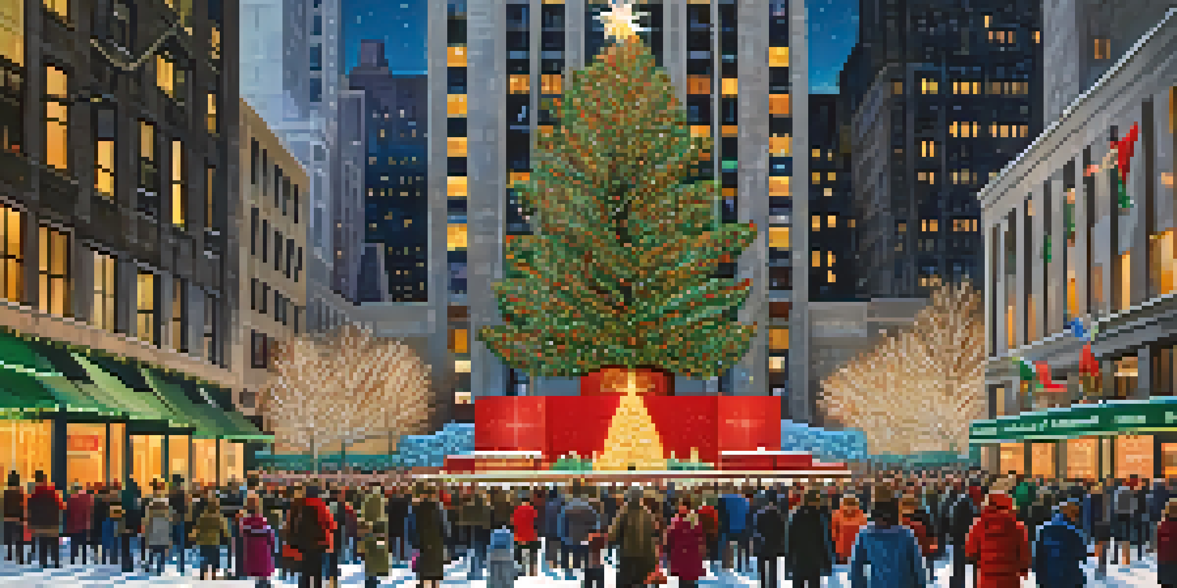 A winter scene in New York City showing the Rockefeller Center Christmas tree with colorful lights and people enjoying the holiday atmosphere.