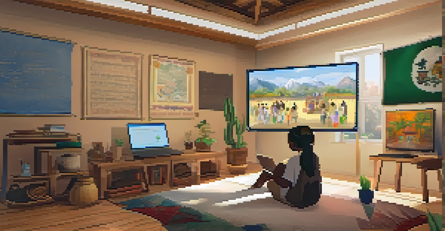 Students engaged in an online cultural exchange program, with cultural artifacts in a cozy learning space.